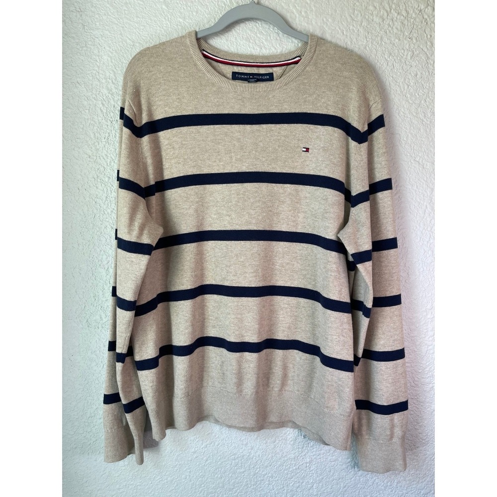 Tommy Hilfiger Striped Cotton Crewneck‎ Sweater Large Tan Navy Classic